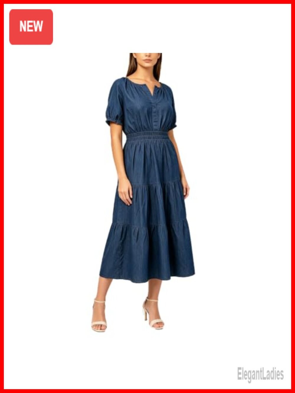 Casual Cotton Denim Maxi Dress Scoop Neck Short Puff Sleeve High Waist Ruffle